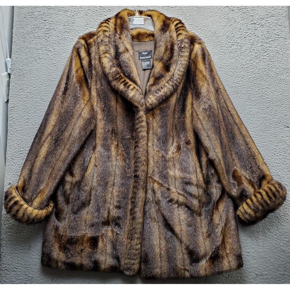 Dennis Basso Luxury Faux Fur Jacket Women XL Multi Tiger Stripe Shawl Collar EUC